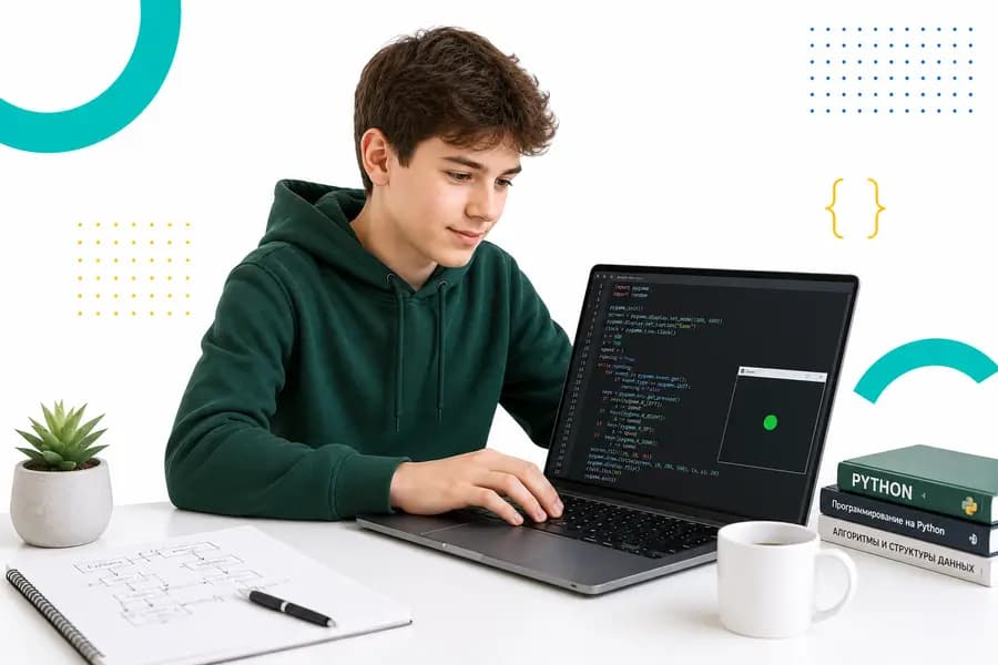 Подросток пишет код на Python за ноутбуком